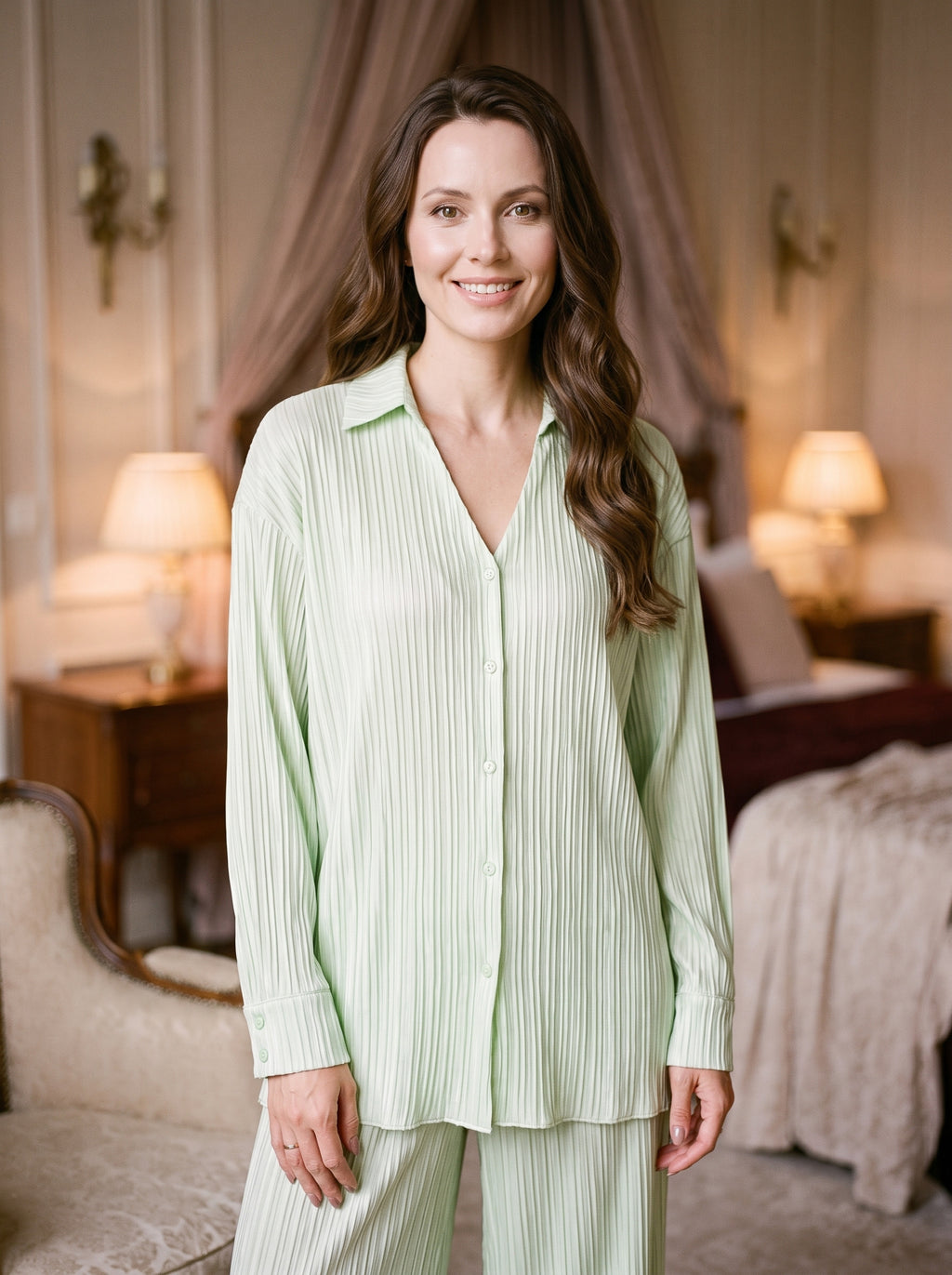 Femme souriante en pyjama femme hiver deux pièces vert plissé, chemise à boutons et pantalon large