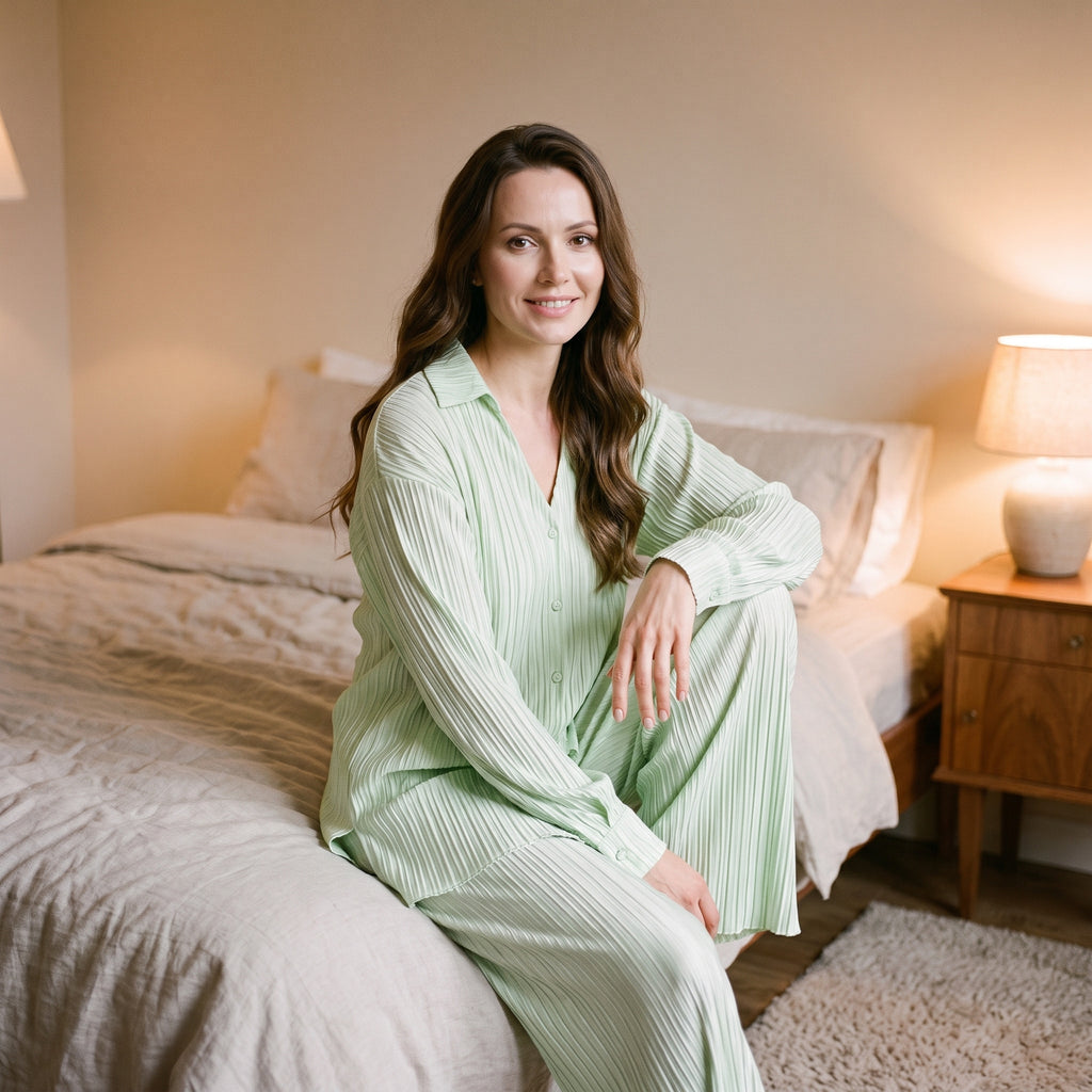 Femme assise au bord de son lit le soir, en pyjama femme hiver vert plissé deux pièces, chemise à boutons et pantalon large
