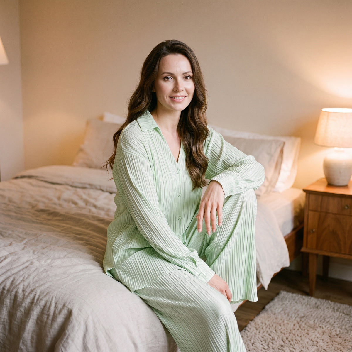 Femme assise au bord de son lit le soir, en pyjama femme hiver vert plissé deux pièces, chemise à boutons et pantalon large