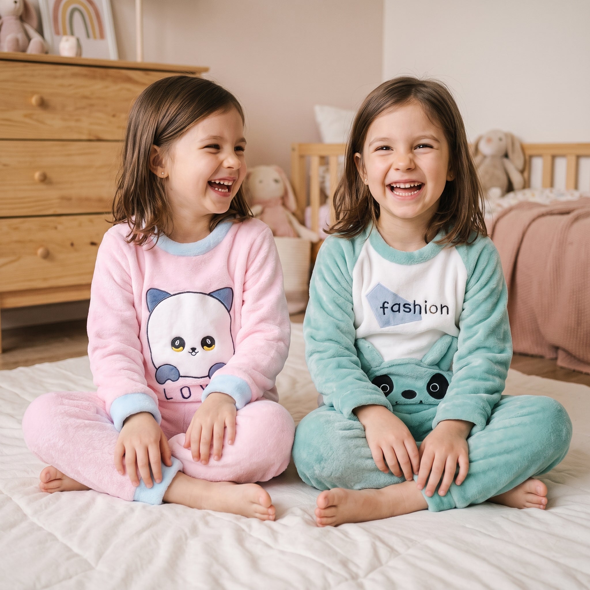 Deux enfants en pyjama de flanelle lisant un livre au pied du lit Image
