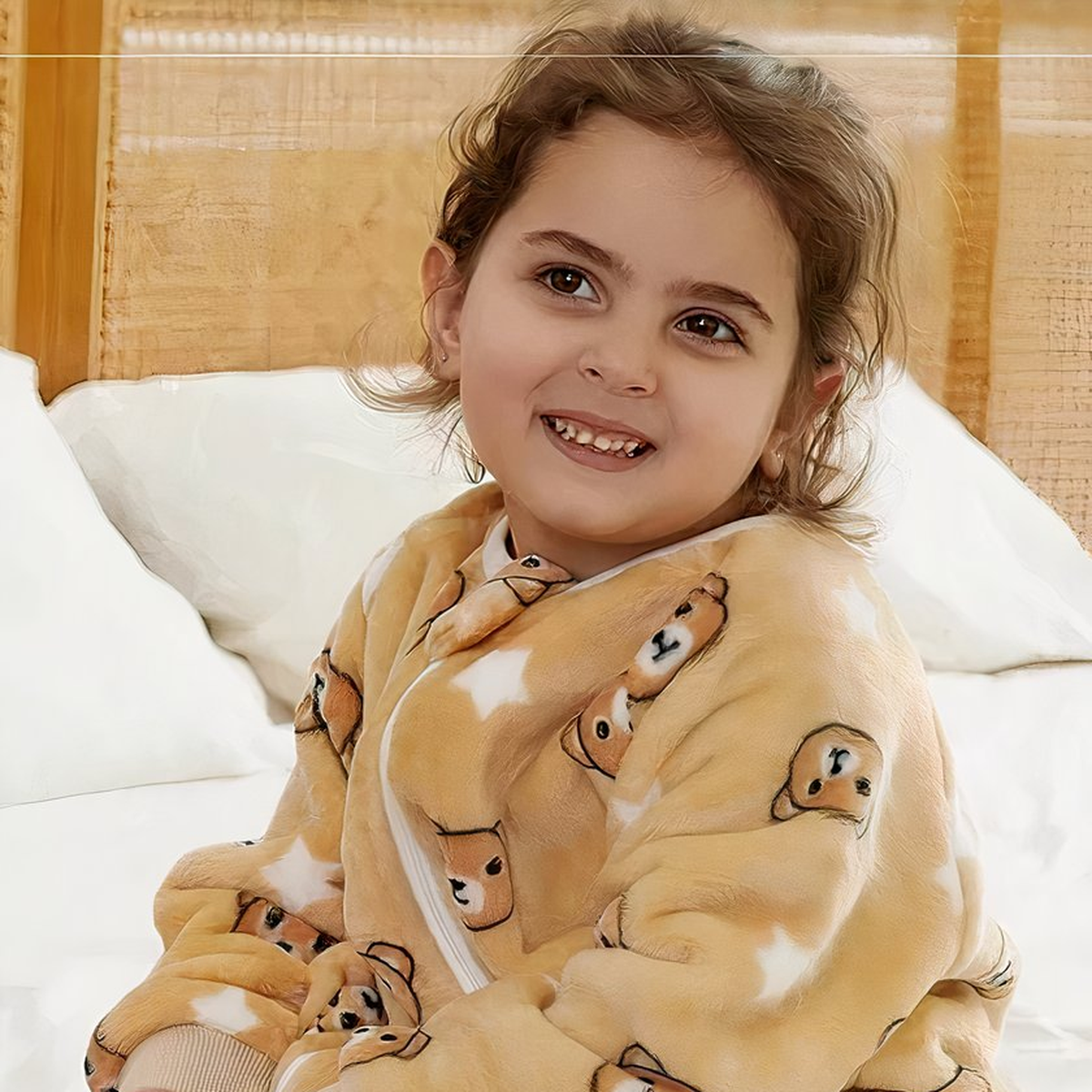 Moment calme sur le lit dans une combinaison pyjama à motif ourson