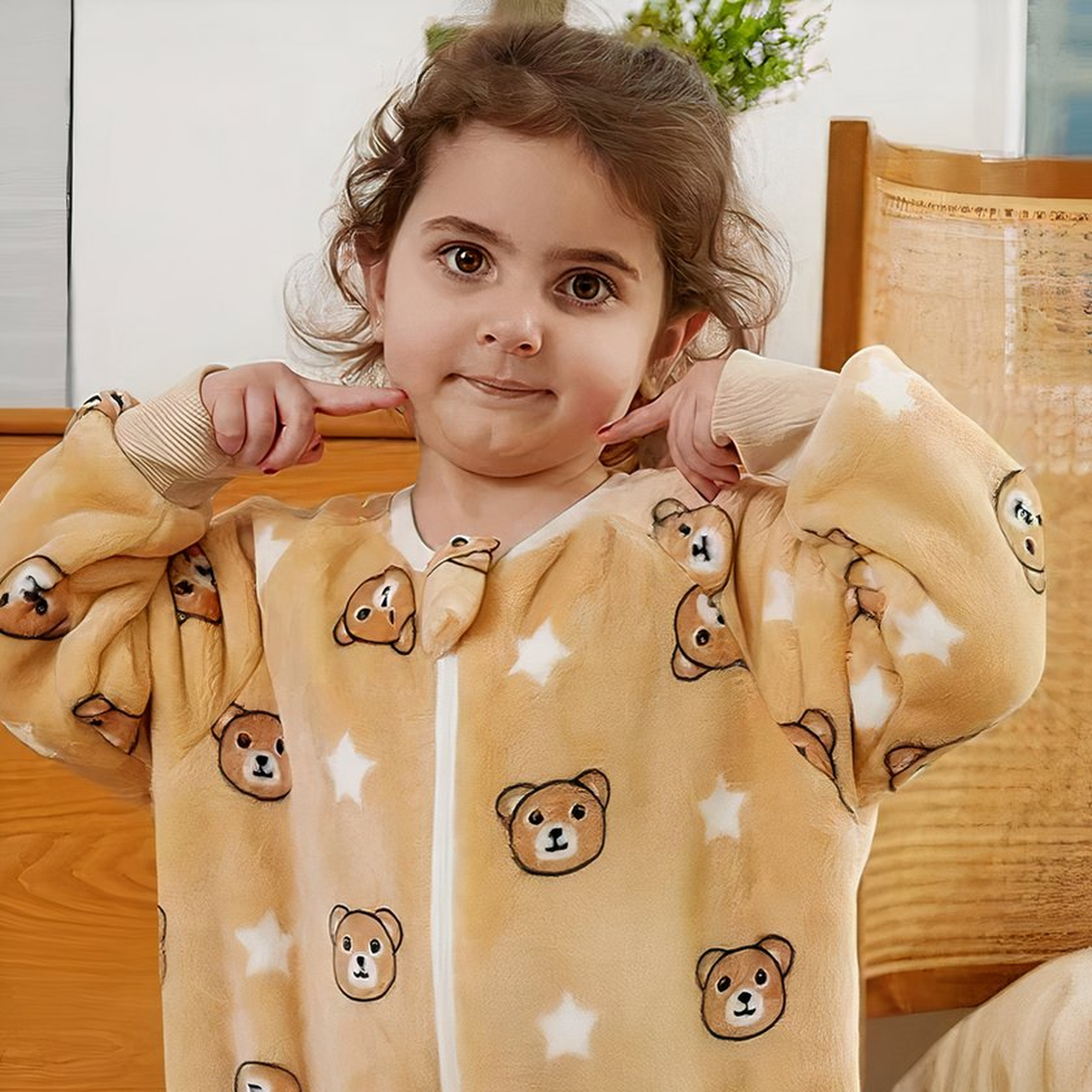 Détail du haut zippé de la combinaison pyjama beige à oursons