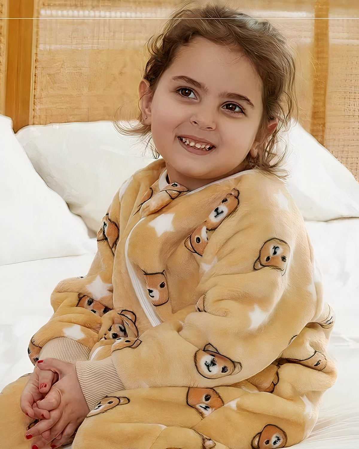 Fille assise sur un lit dans sa combinaison pyjama à motif ourson