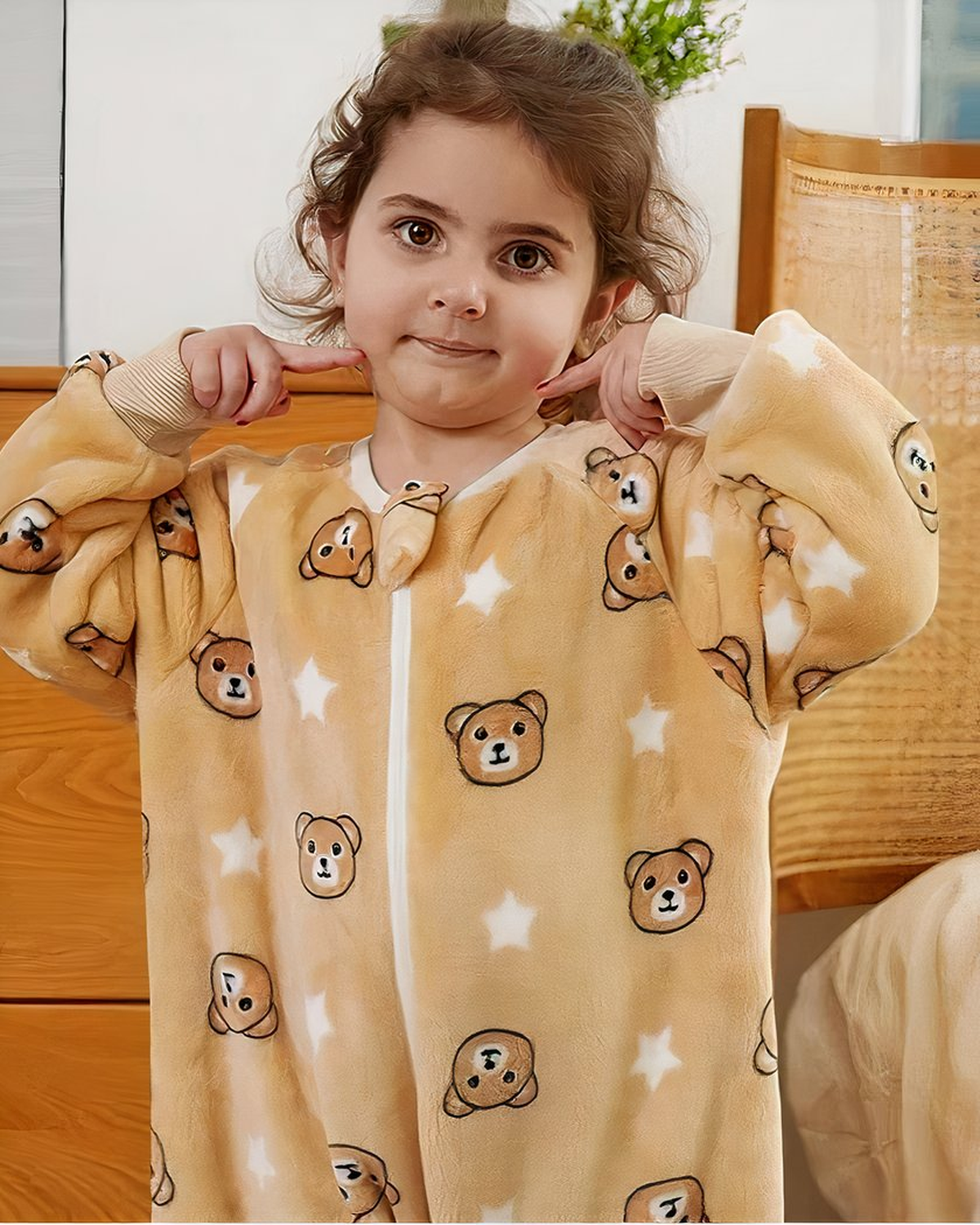 Vue rapprochée de la combinaison pyjama fille beige à glissière centrale