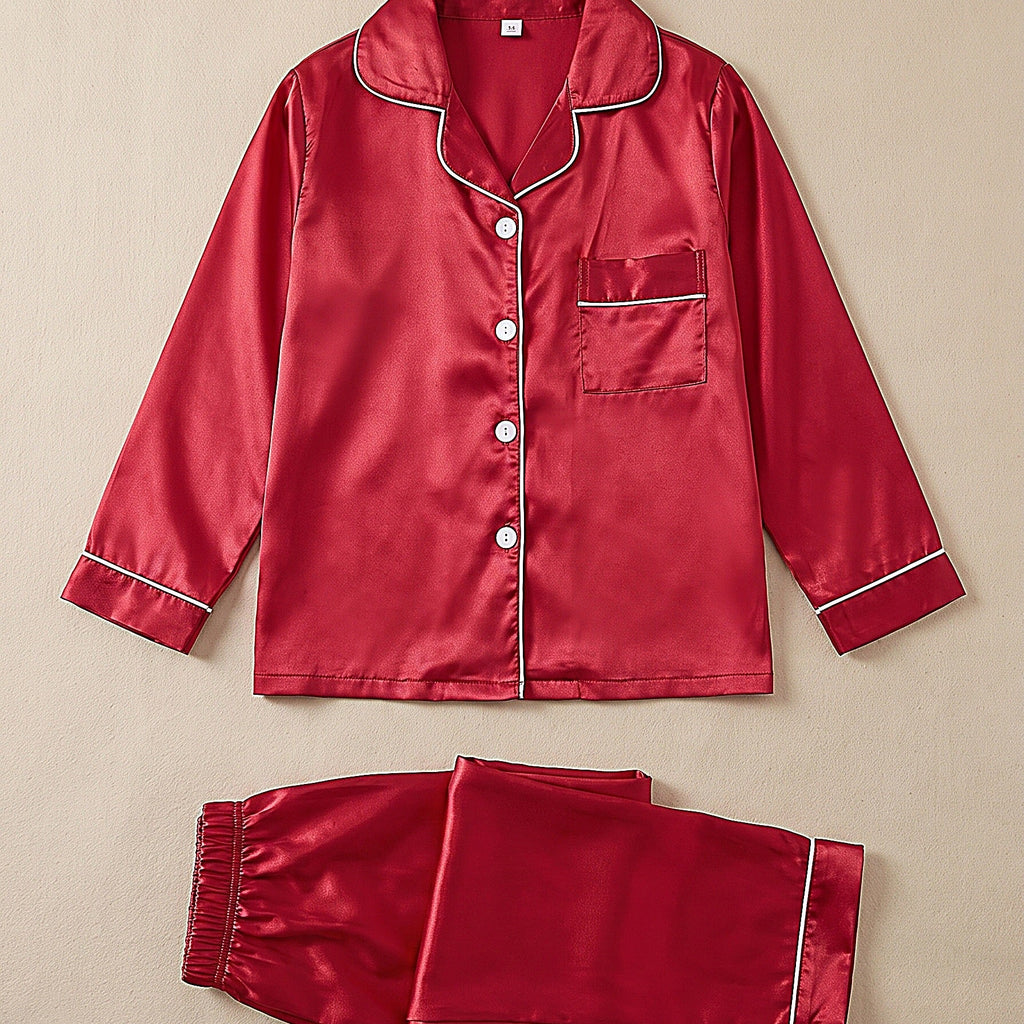 Ensemble pyjama fille en satin rouge présenté à plat, chemise boutonnée et pantalon assorti