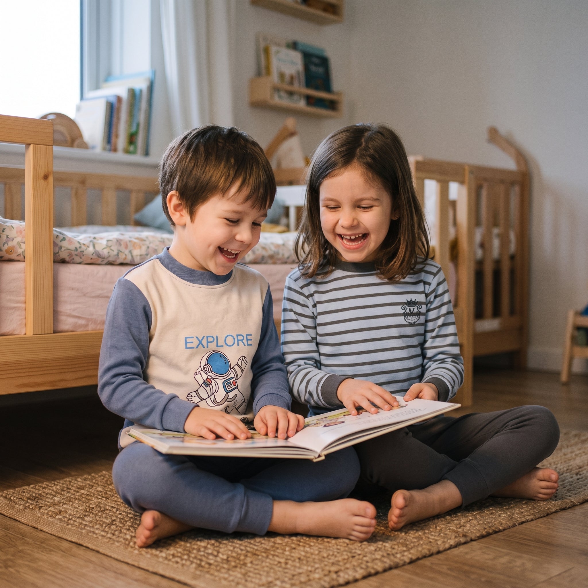 Deux enfants en pyjama de coton lisant un livre au pied du lit Image