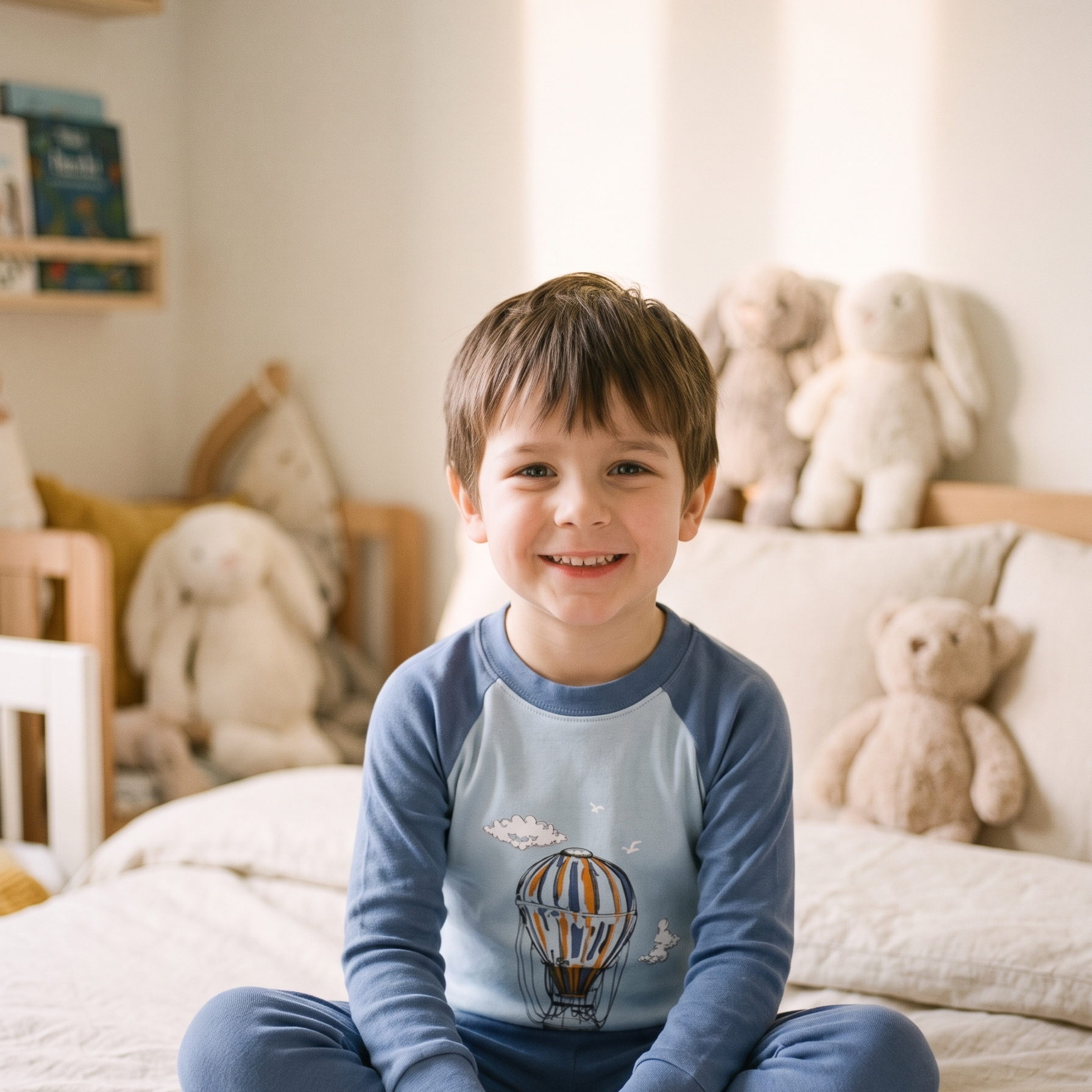 Enfant souriant portant le pyjama garçon en coton à motif montgolfière Image