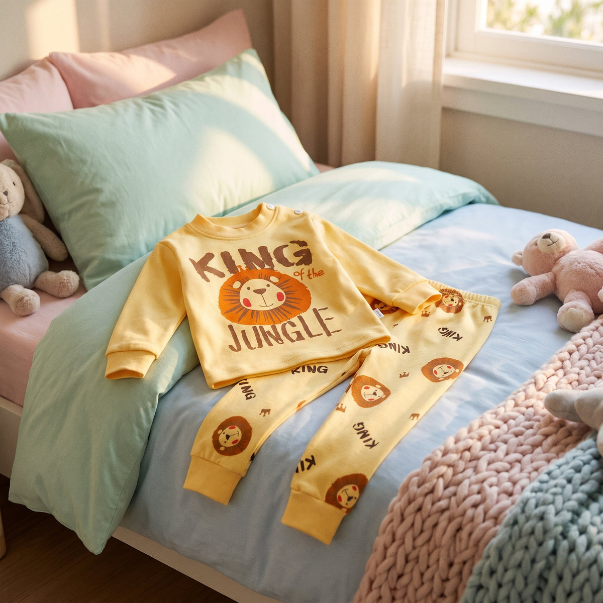 L’ensemble pyjama garçon jaune posé sur un lit d’enfant aux draps pastel