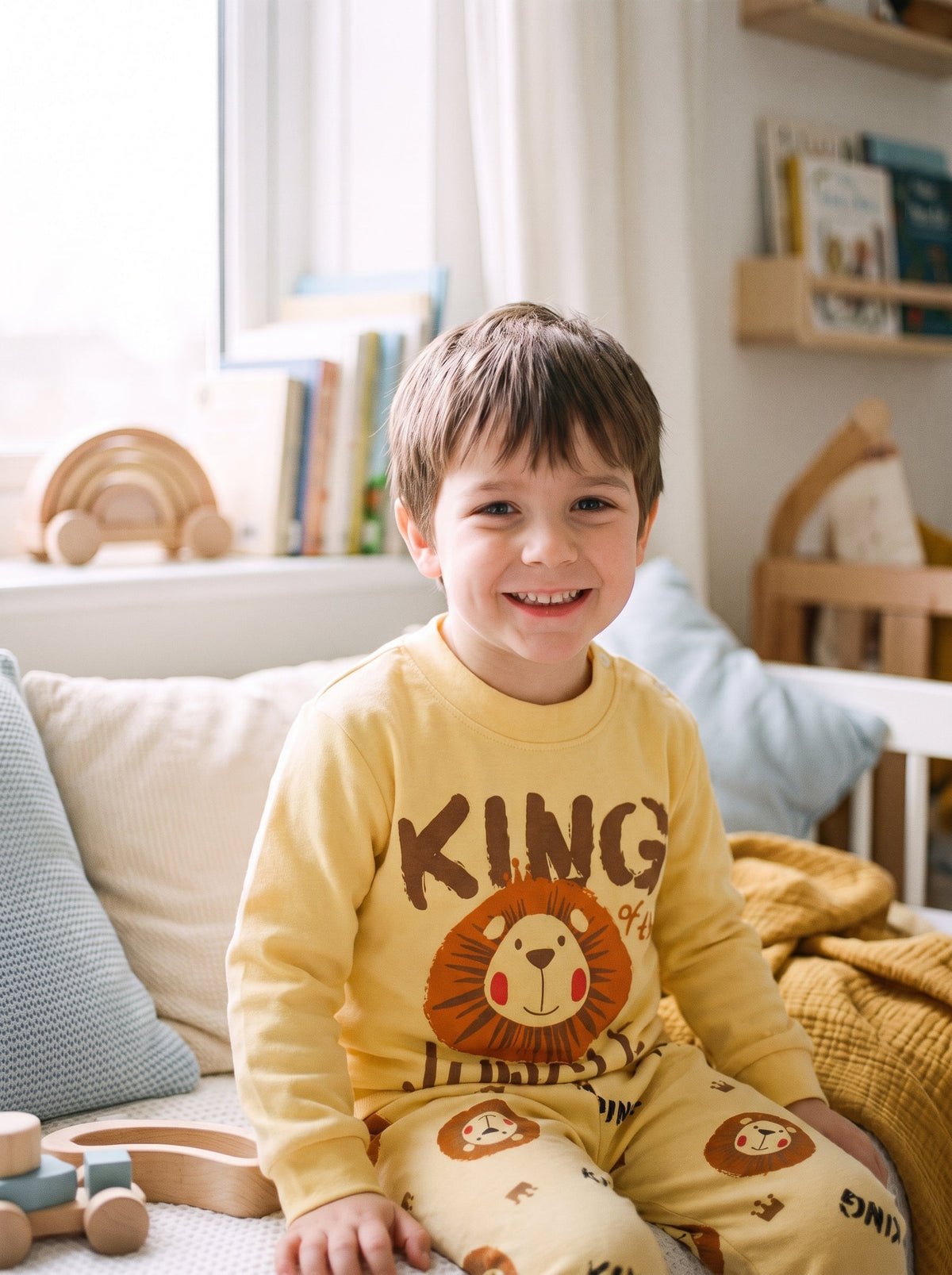 Petit garçon souriant portant le pyjama jaune à motifs de lions