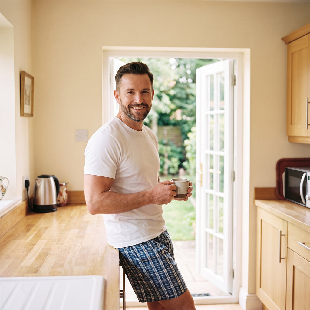 Bloc 3 pyjama homme en coton : le cafe du matin sur la terrasse
