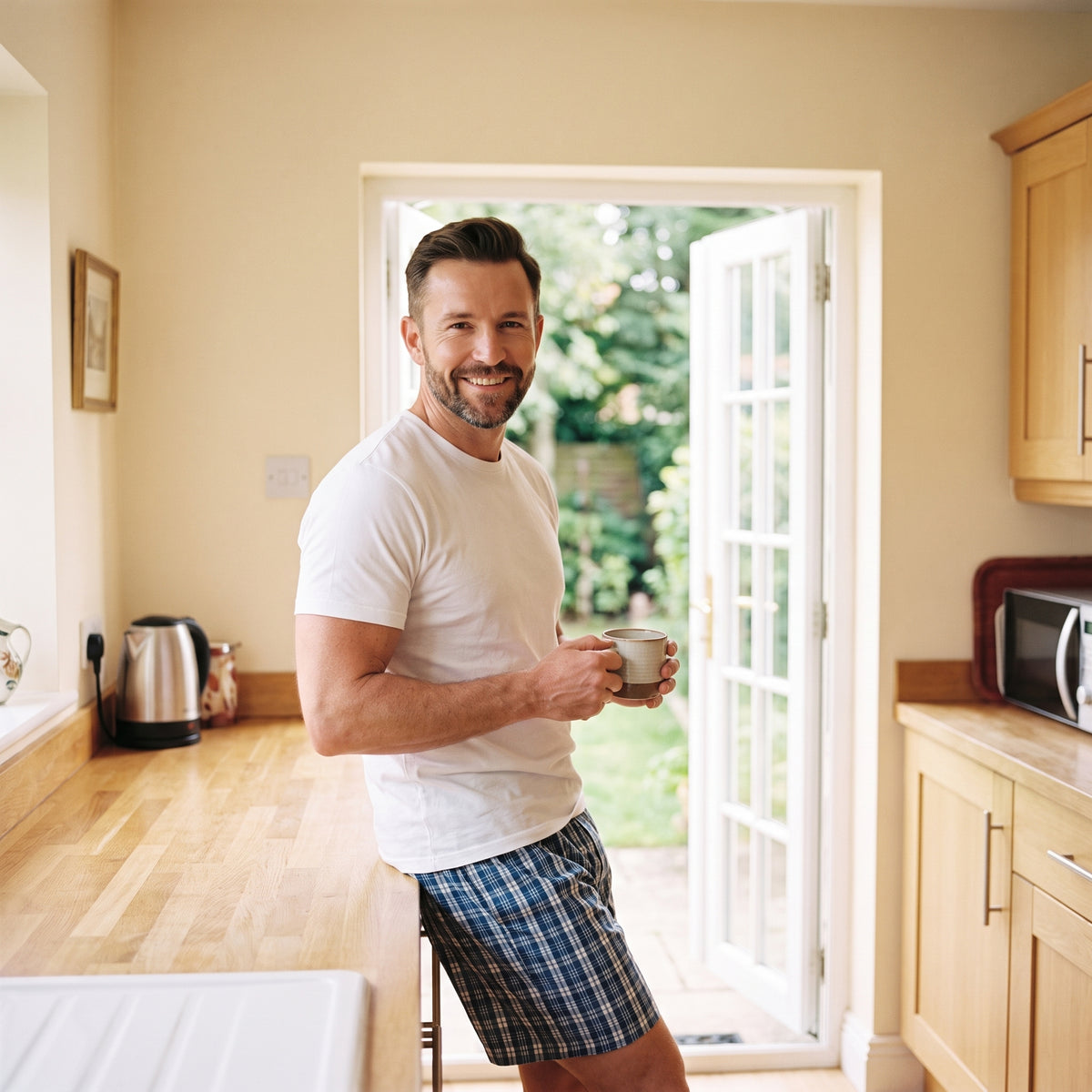 Bloc 3 pyjama homme en coton : le cafe du matin sur la terrasse