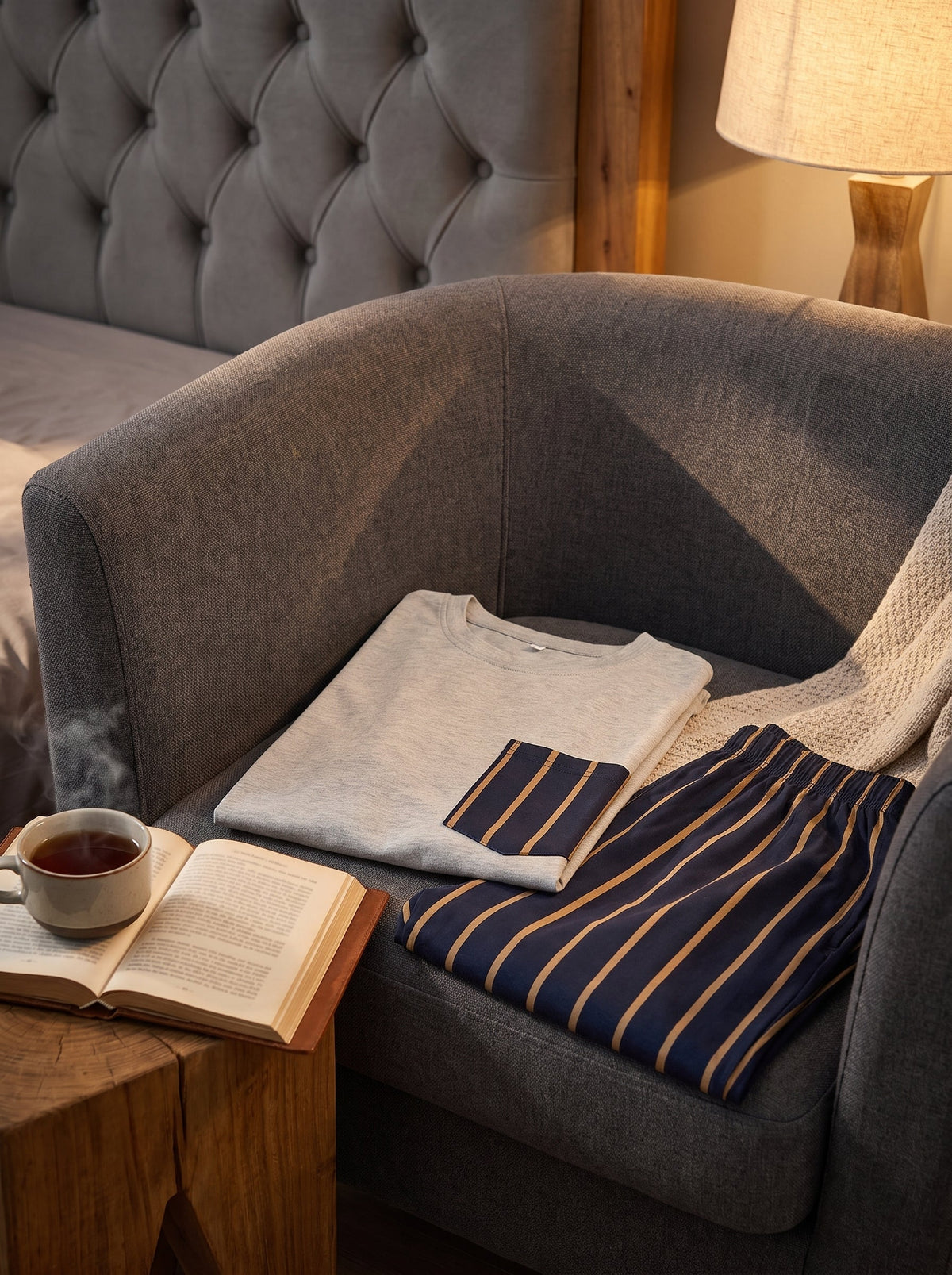 Pyjama homme été plié sur un fauteuil, ambiance chambre avec livre et tasse fumante