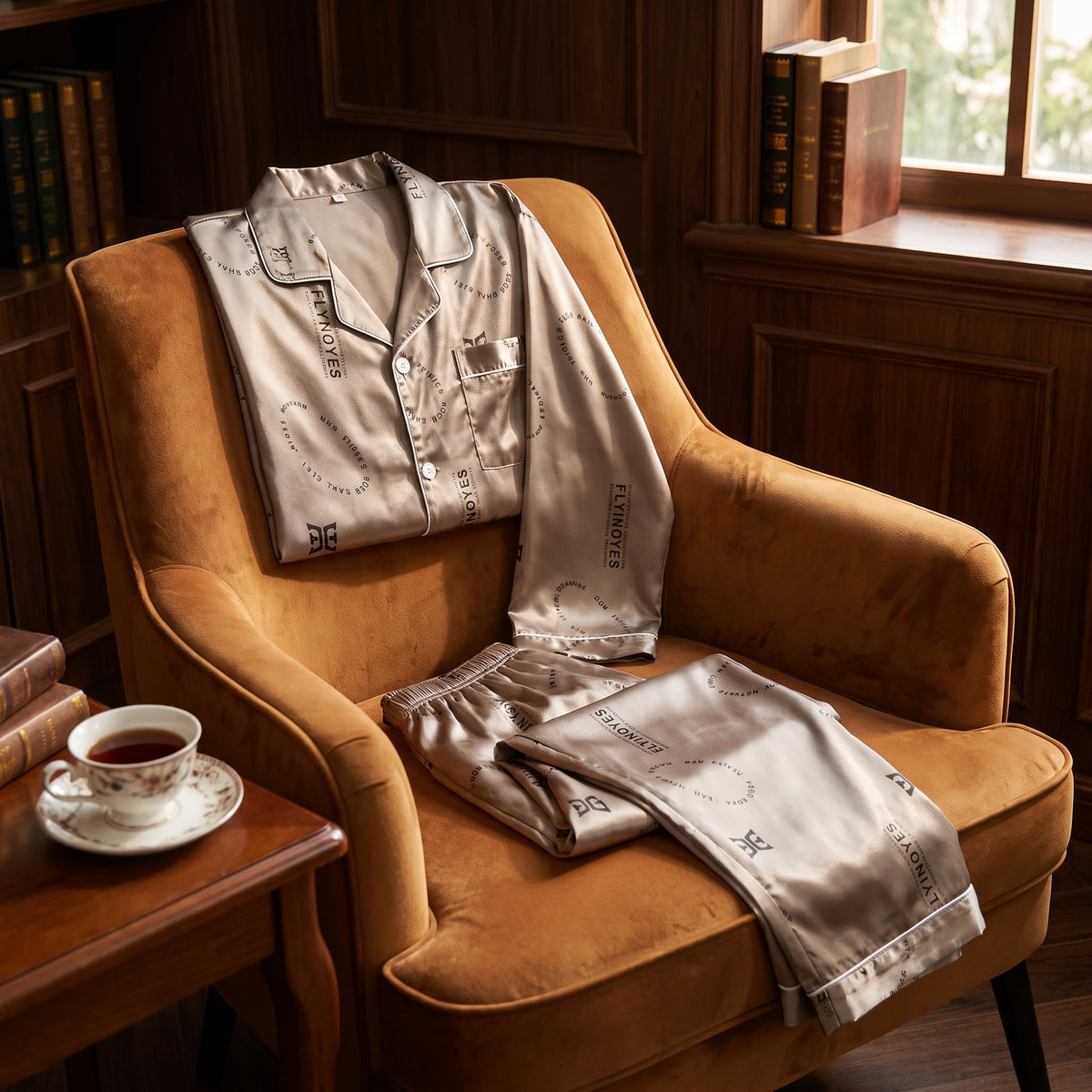 Pyjama homme satin taupe sur fauteuil velours, ambiance boudoir