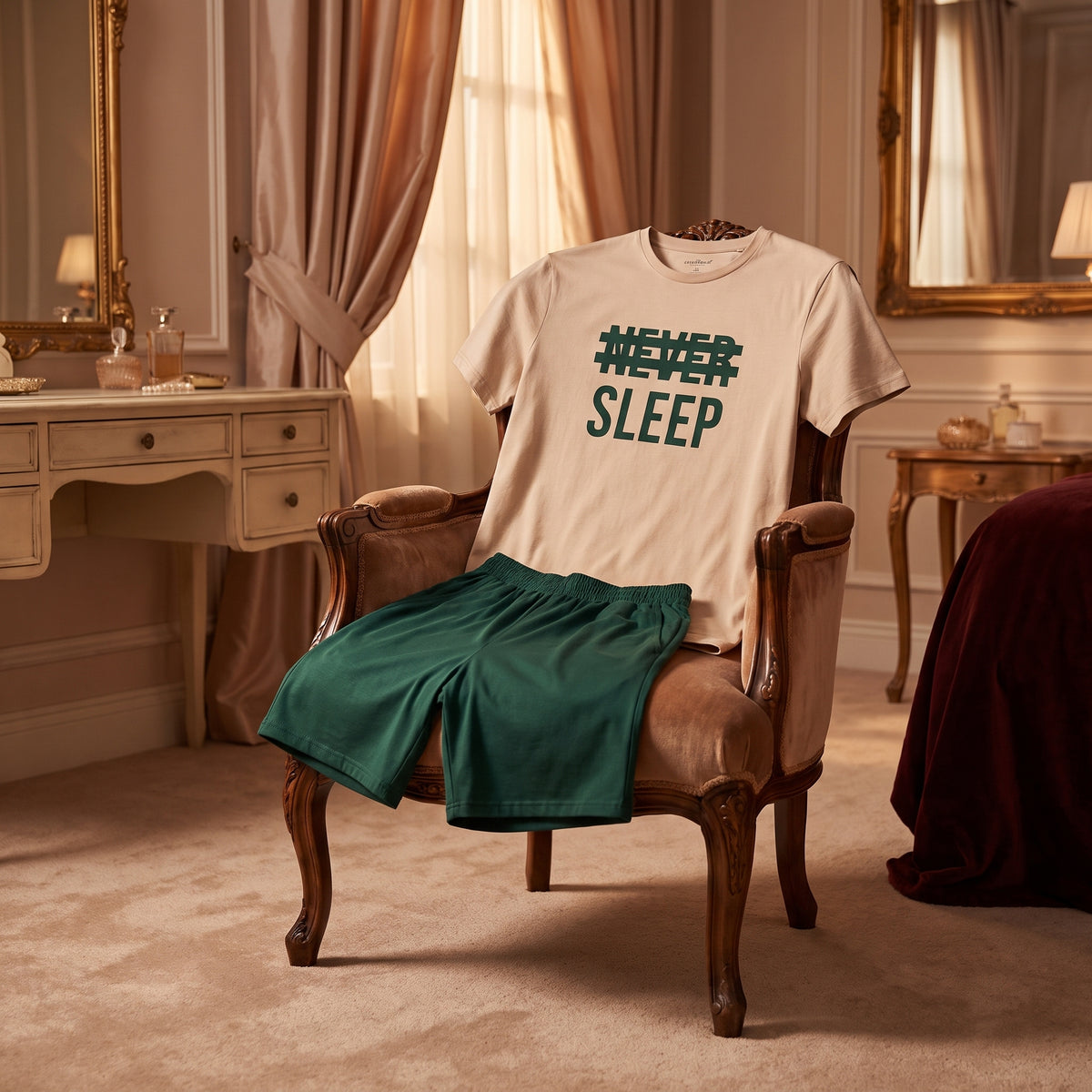 Pyjama homme beige et vert posé sur un fauteuil dans une chambre boudoir