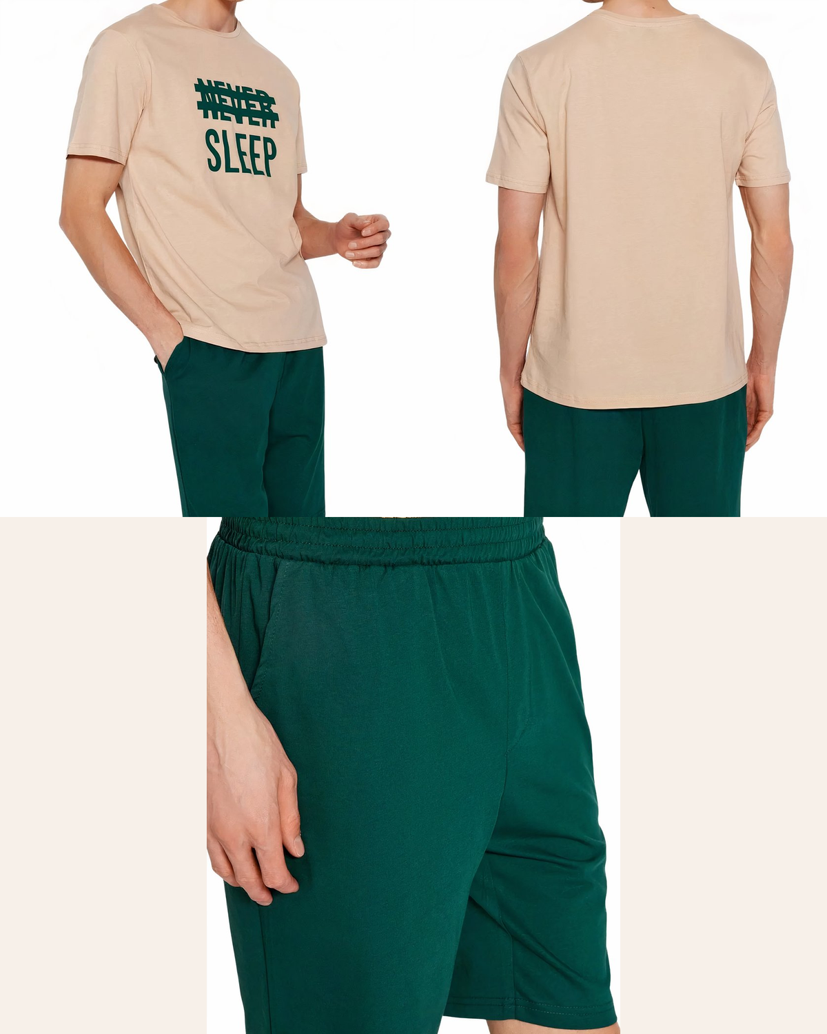 Pyjama homme Never Sleep en vues de face, de dos et en gros plan sur le short vert