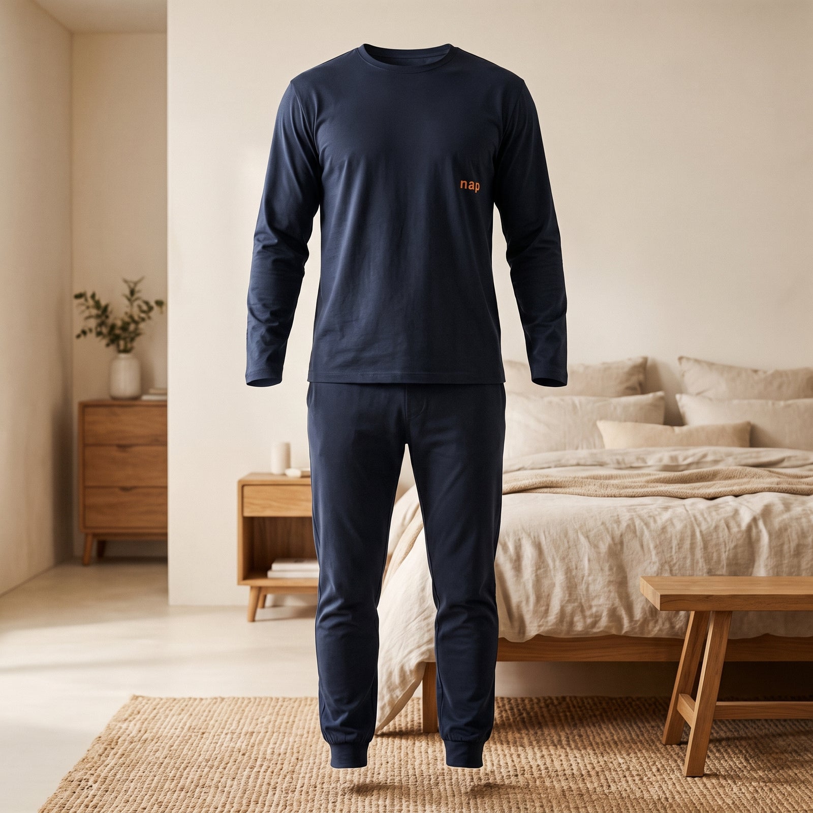 Pyjama homme hiver deux pièces bleu marine sur mannequin invisible, chevilles resserrées Image