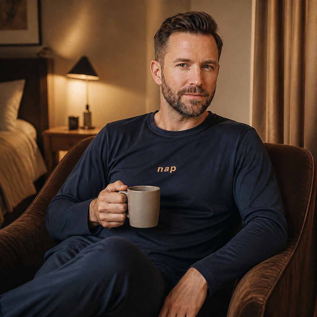 Homme en pyjama bleu marine assis avec une tasse dans un fauteuil cacao