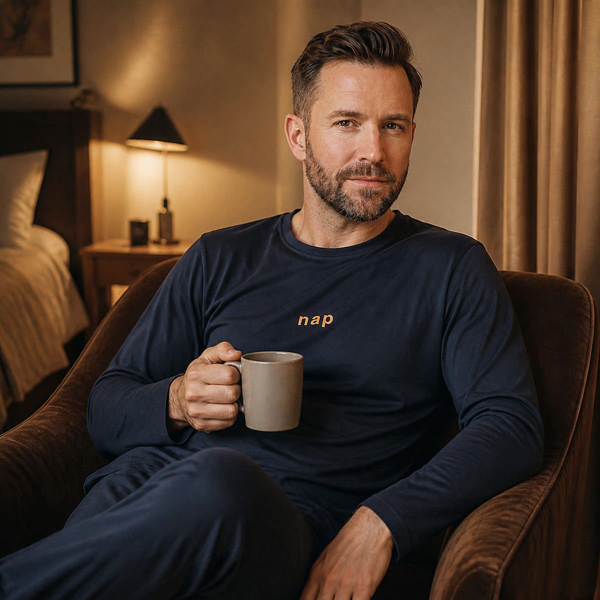 Homme en pyjama bleu marine assis avec une tasse dans un fauteuil cacao