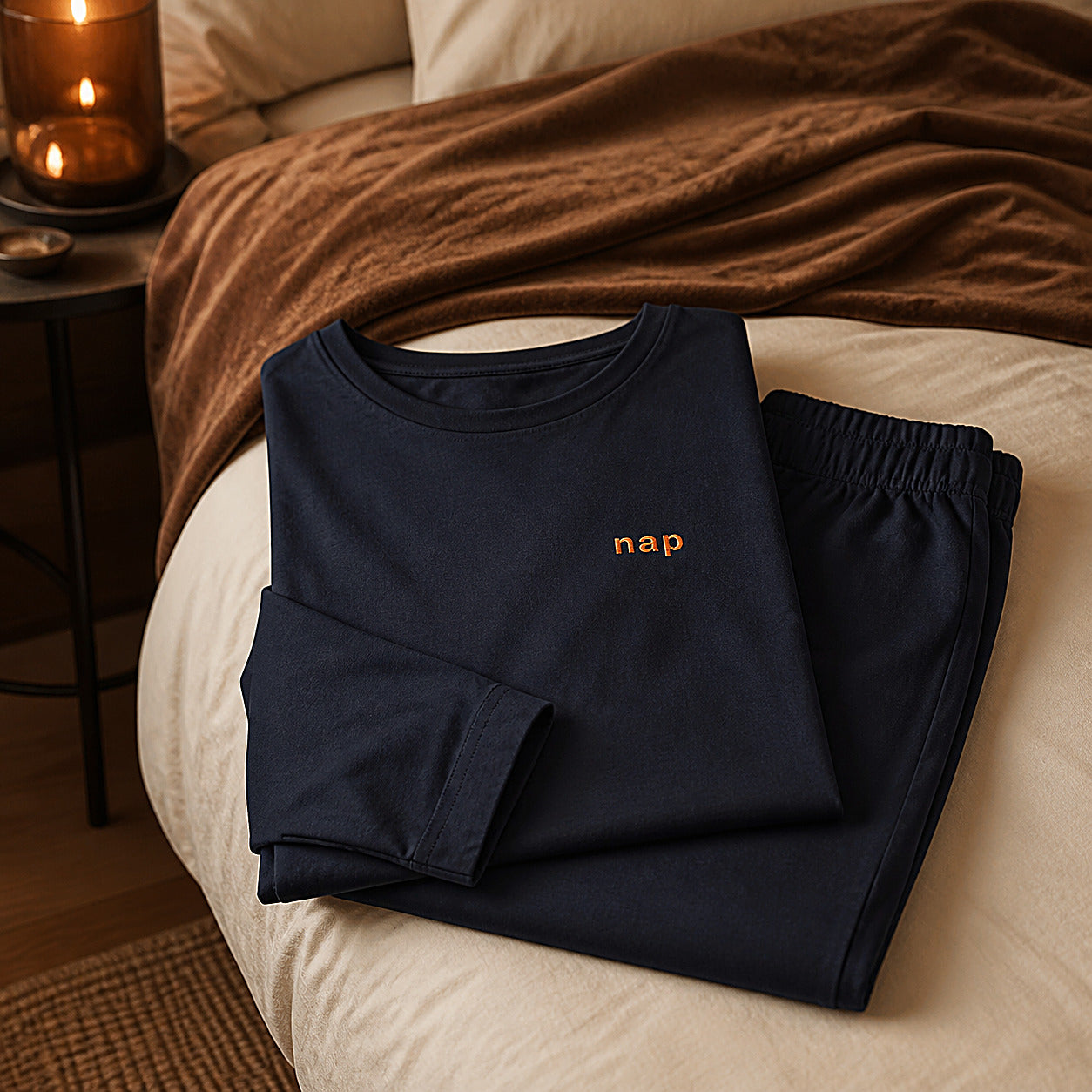 Haut et pantalon du pyjama bleu marine pliés sur un lit crème Image