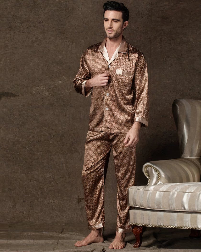 Pyjama Homme en Satin Doré à Imprimé Géométrique