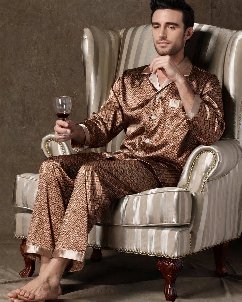 Pyjama Homme en Satin Doré à Imprimé Géométrique