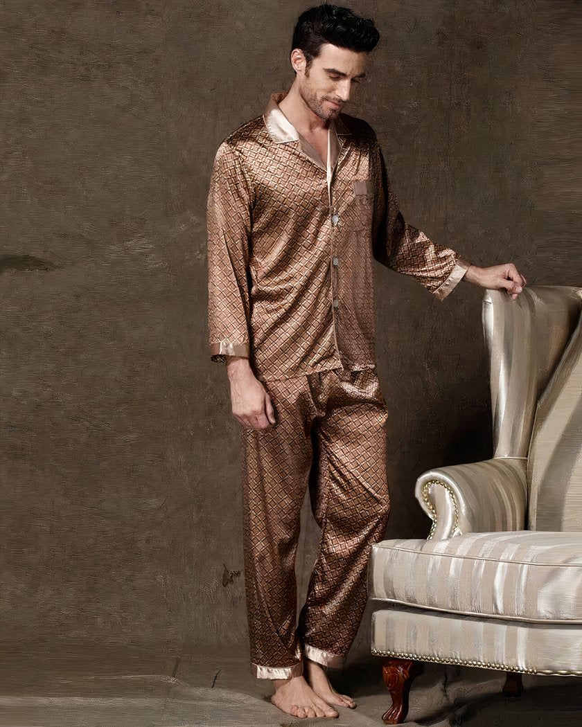Pyjama Homme en Satin Doré à Imprimé Géométrique
