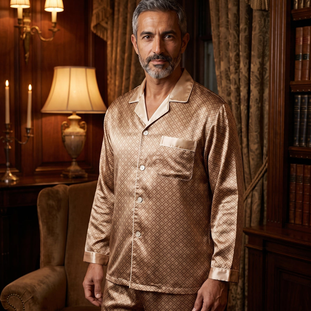 Le raffinement du satin doré — Pyjama Homme en Satin Doré à Imprimé Géométrique