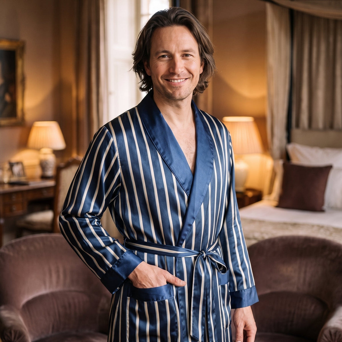 Le satin, une élégance masculine — Robe de chambre homme en satin bleu marine rayé