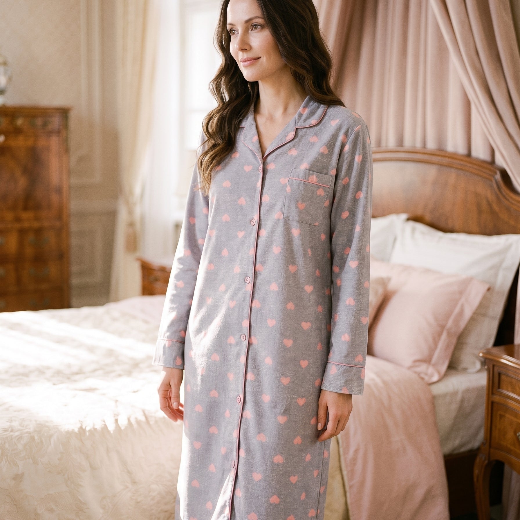 Le confort tendre d'un coton à coeurs — Robe de Nuit en Coton Gris à Imprimé Coeurs Roses Image