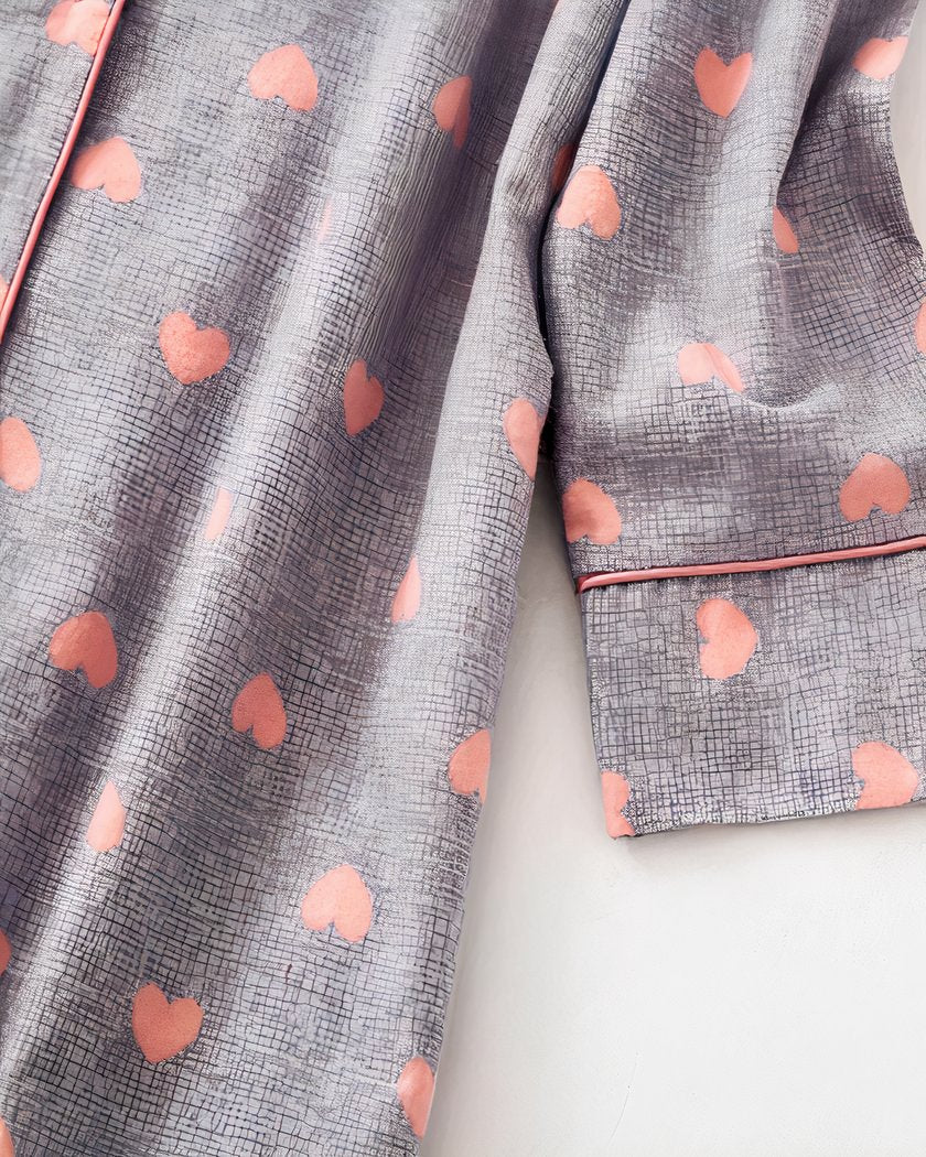 Robe de Nuit en Coton Gris à Imprimé Coeurs Roses
