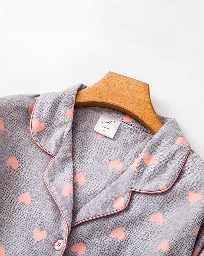 Robe de Nuit en Coton Gris à Imprimé Coeurs Roses