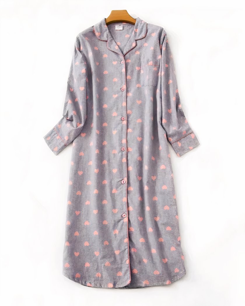 Robe de Nuit en Coton Gris à Imprimé Coeurs Roses