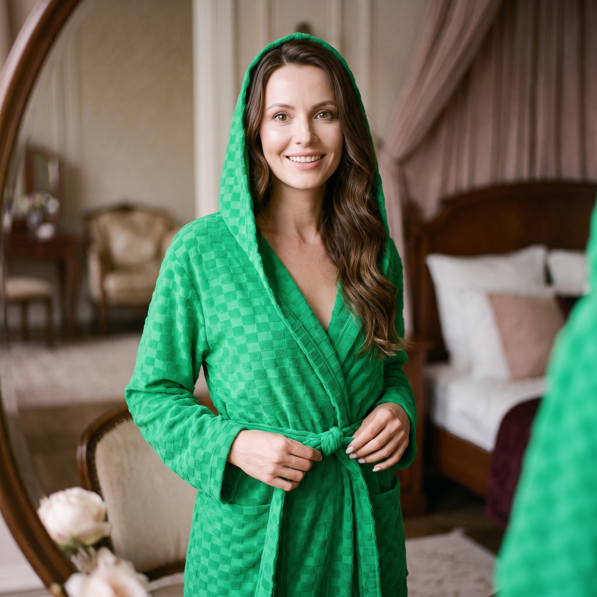 Femme ajustant la ceinture de sa robe de chambre verte à capuche devant un miroir