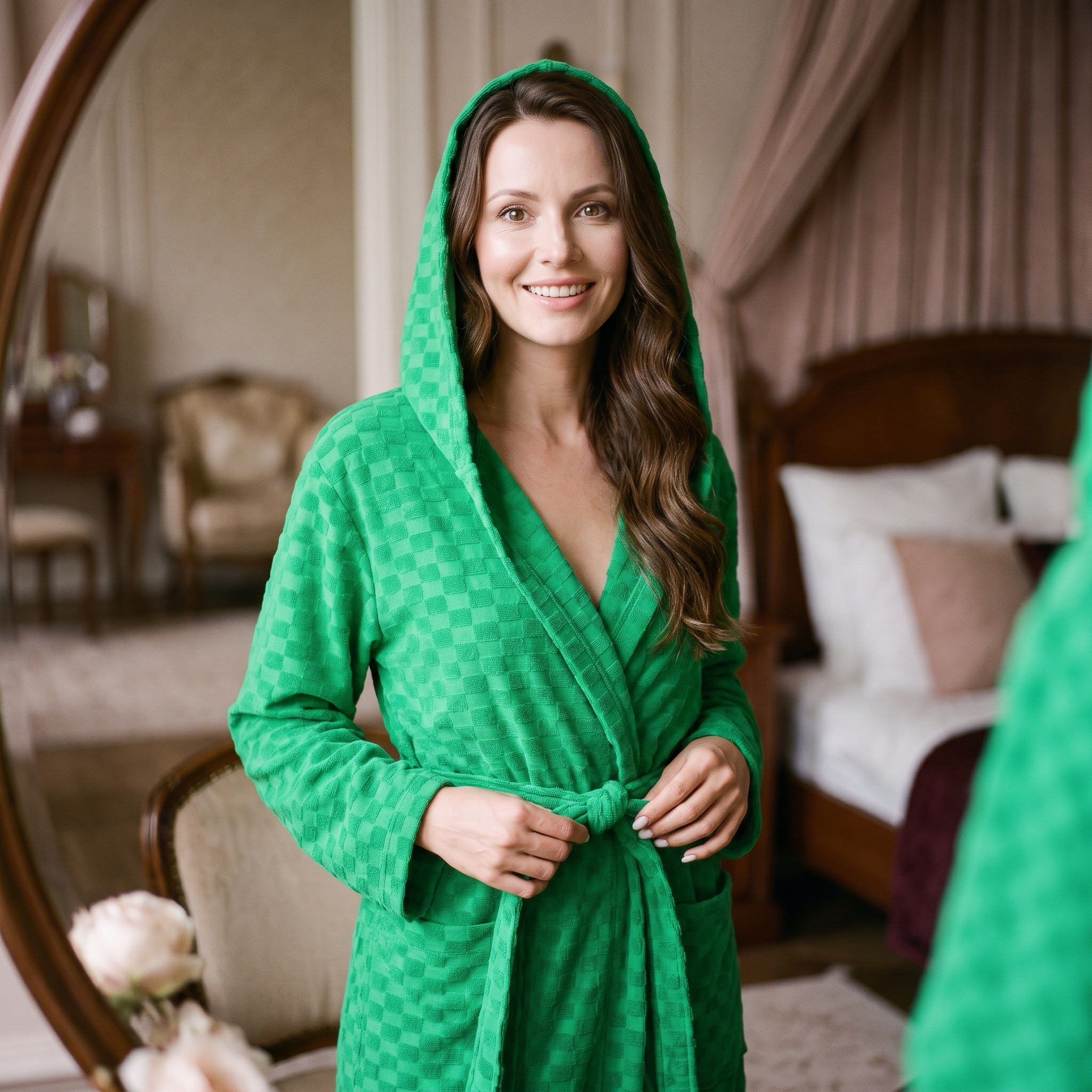Femme ajustant la ceinture de sa robe de chambre verte à capuche devant un miroir Image