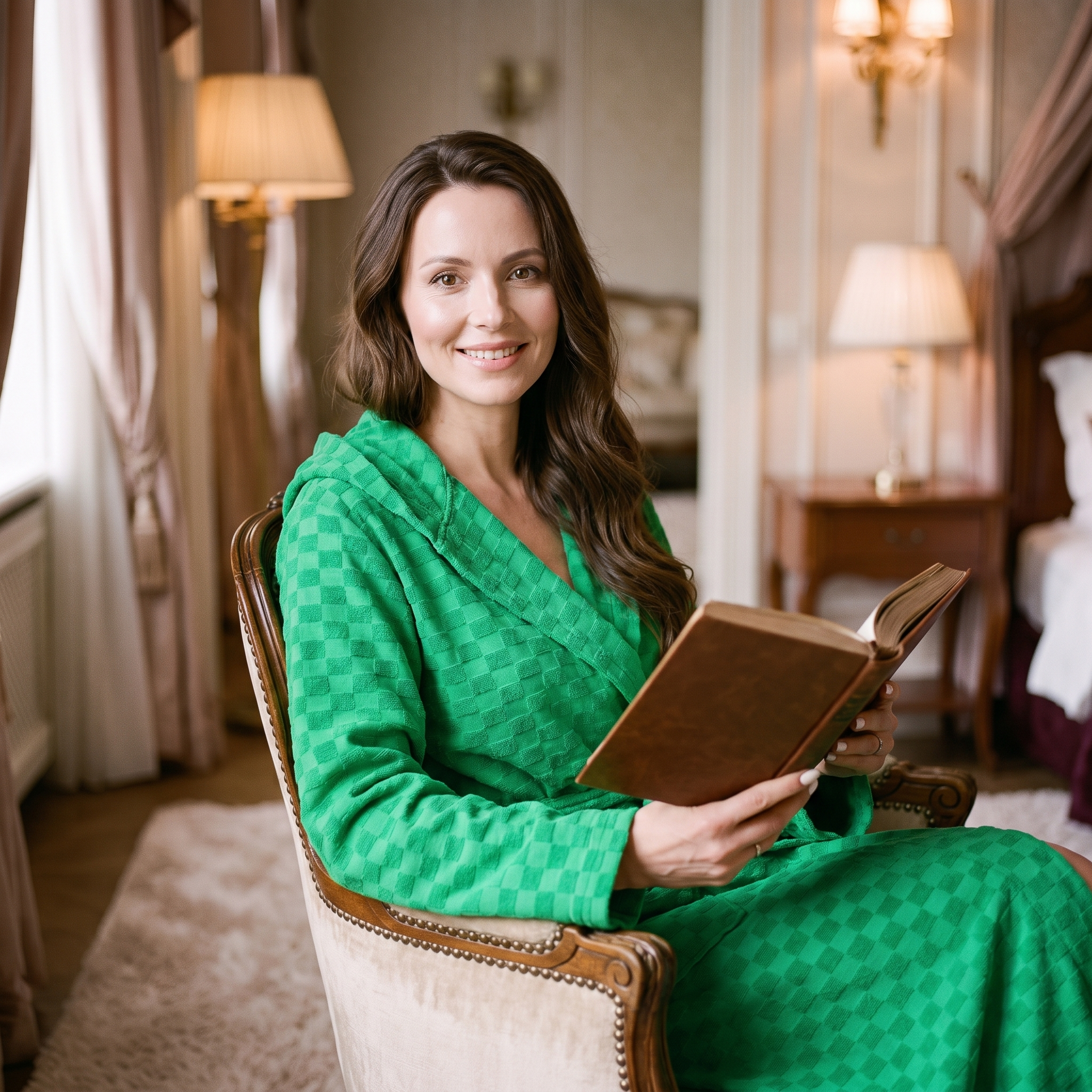 Femme lisant dans un fauteuil avec sa robe de chambre verte à motif damier Image