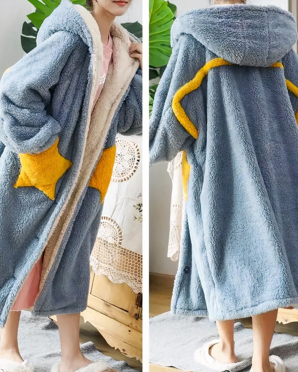 Robe de chambre polaire vue de face et de dos, galon jaune d'or