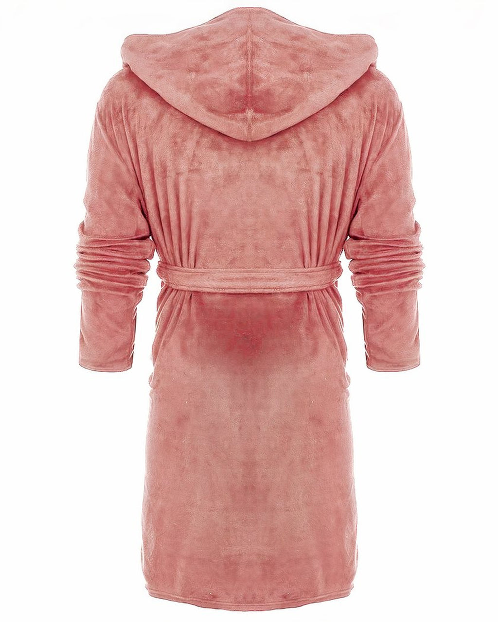 Robe de chambre rose à capuche vue de dos, manches longues jusqu'au poignet