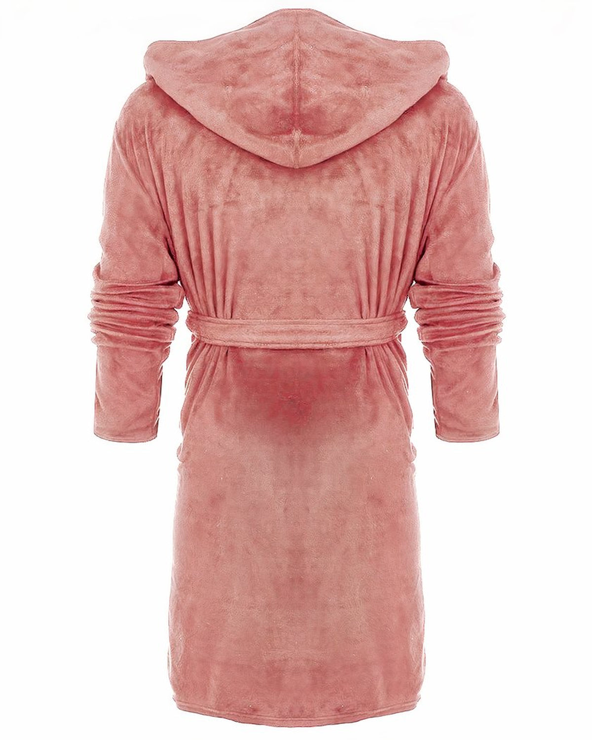 Robe de chambre rose à capuche vue de dos, manches longues jusqu'au poignet