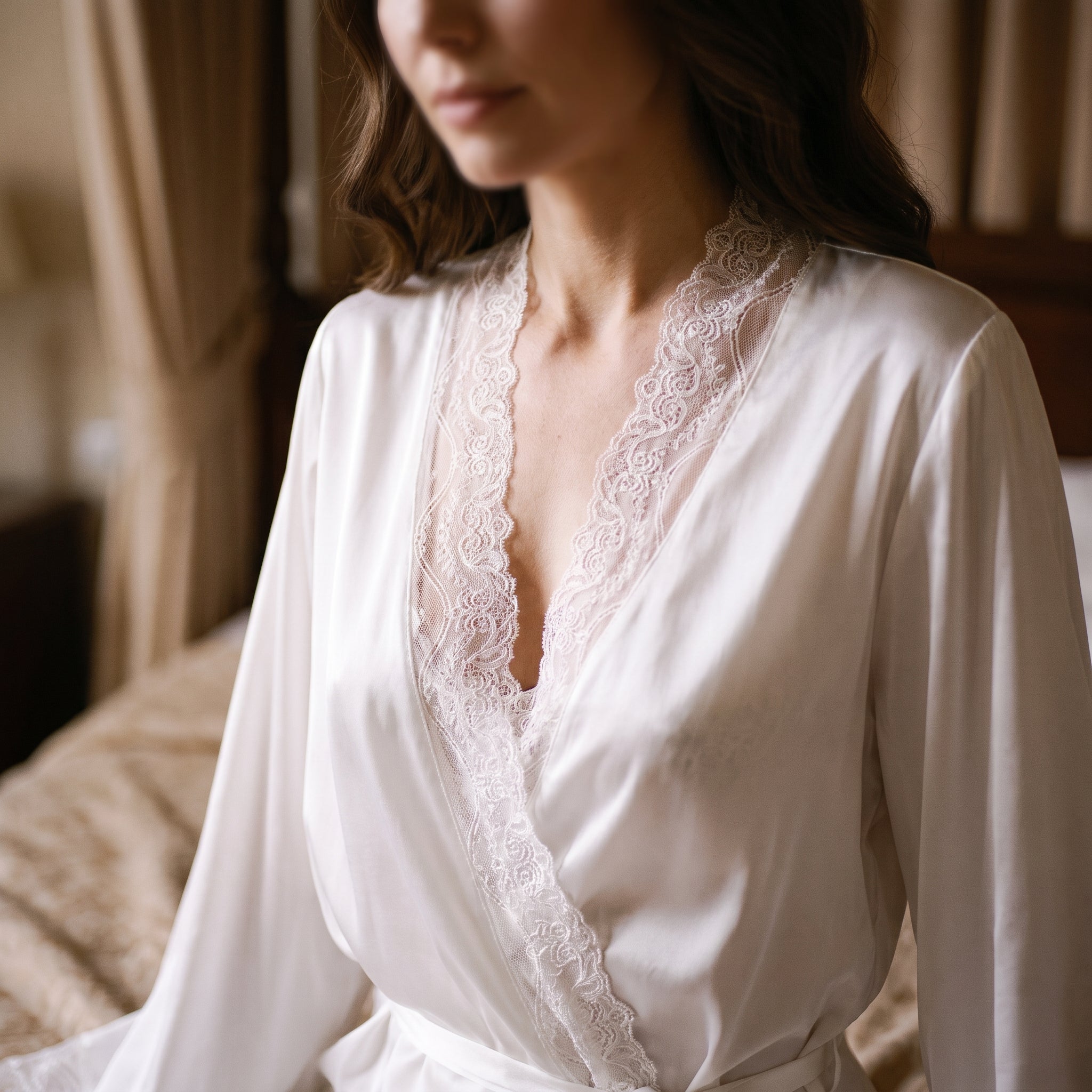 Detail du col en dentelle et du satin blanc de la robe de chambre Image