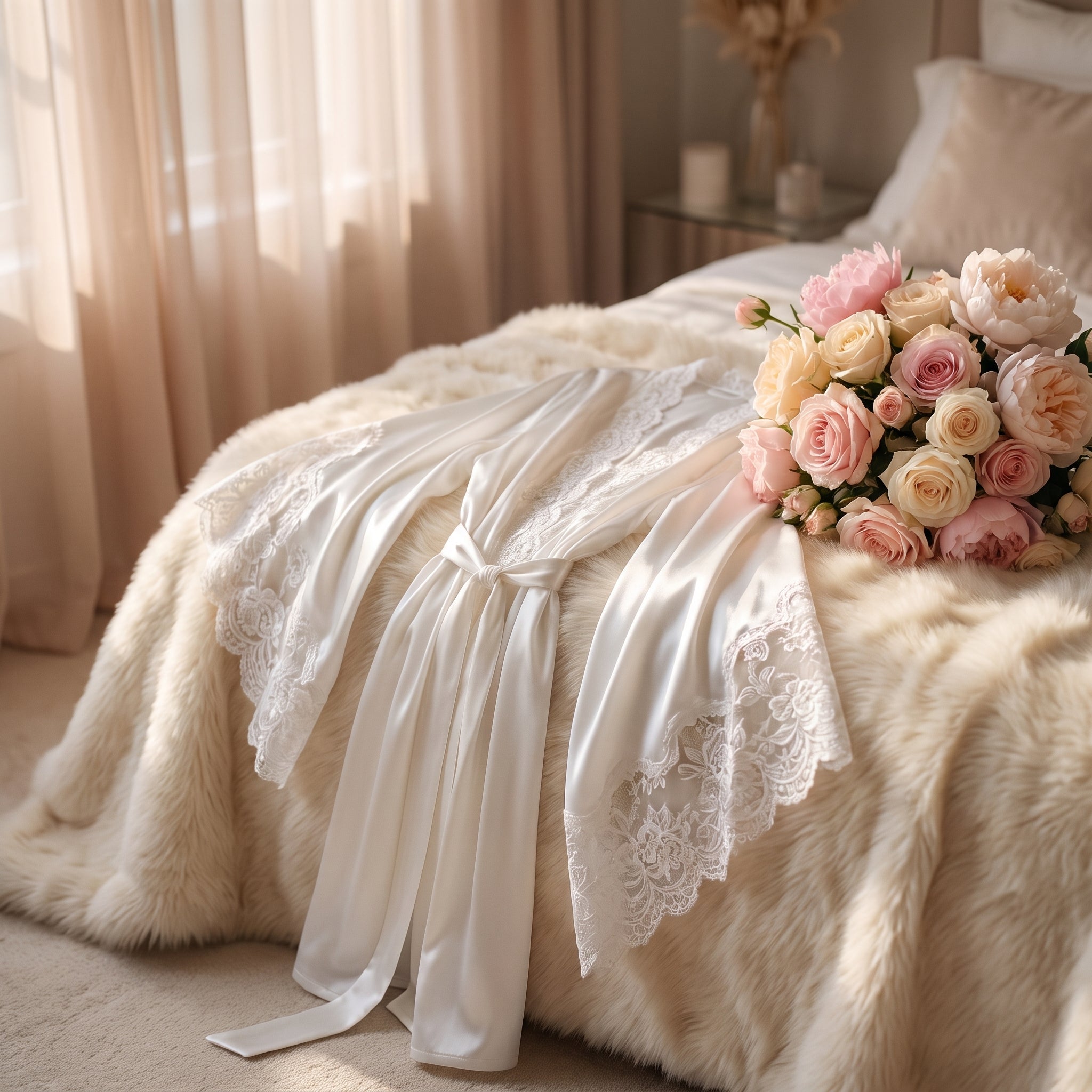 Robe de chambre blanche en satin drapee sur un lit boudoir avec bouquet de fleurs Image