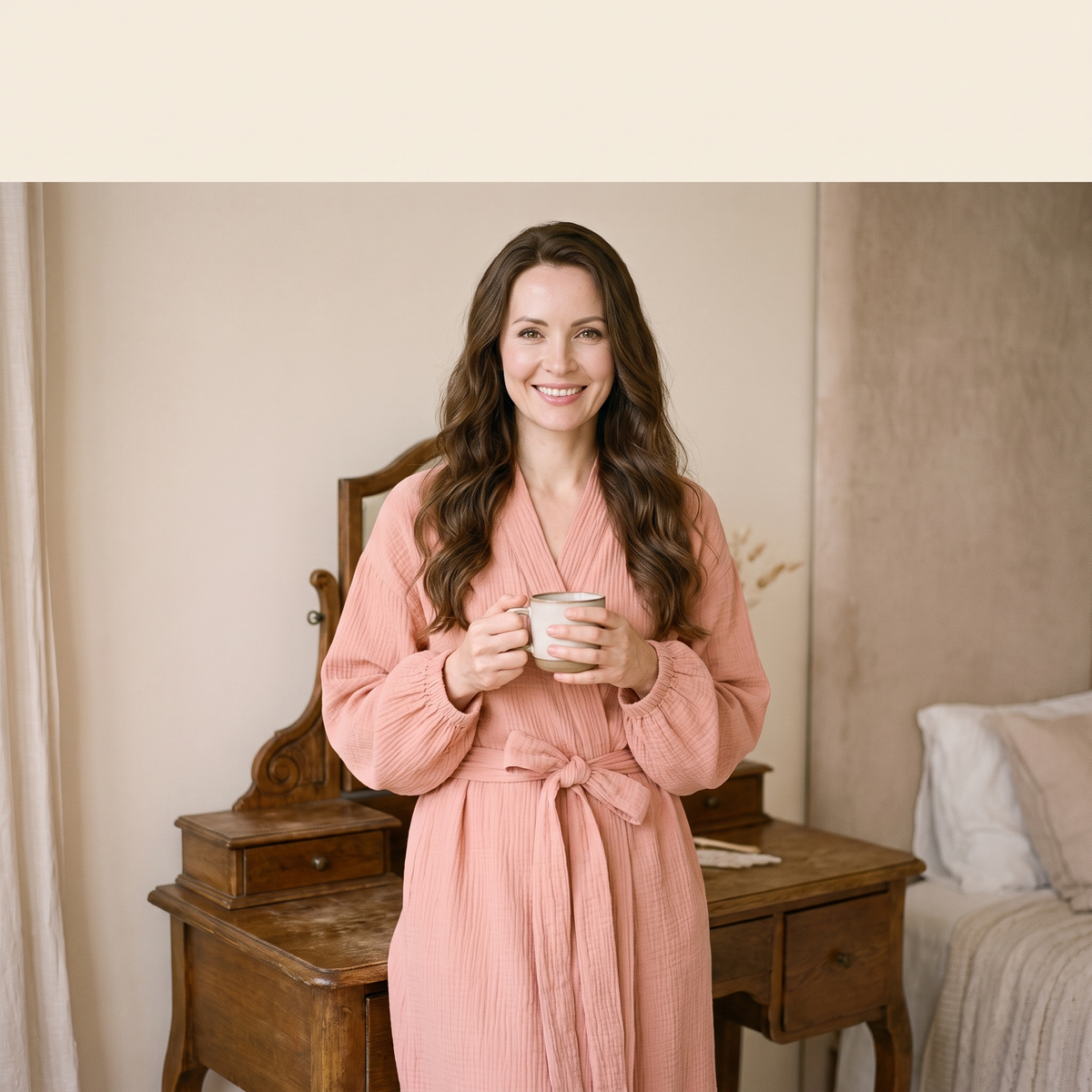 Femme souriante tenant une tasse en robe de chambre longue rose ceinturée