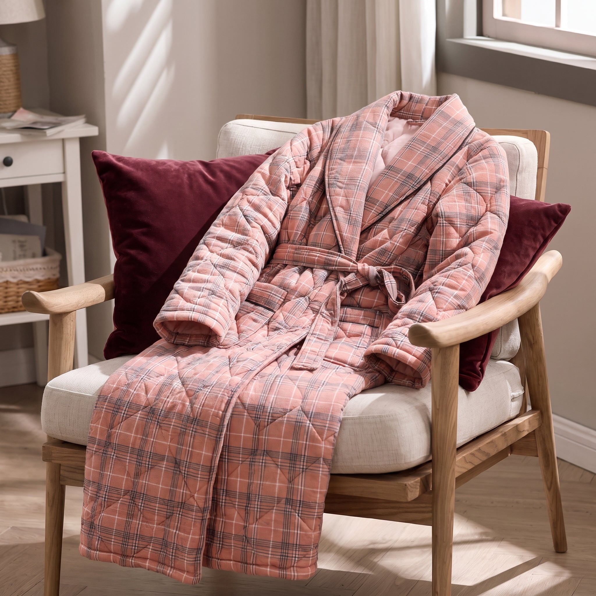 Robe de chambre rose à carreaux disposée dans un boudoir Image