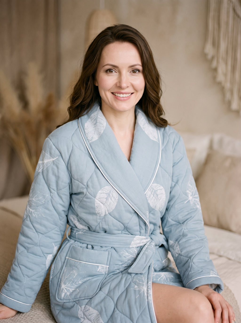 Robe de chambre matelassee bleu poudre a imprimé plume, portée mi-cuisse en decor boudoir, col chale lisere blanc et ceinture nouee
