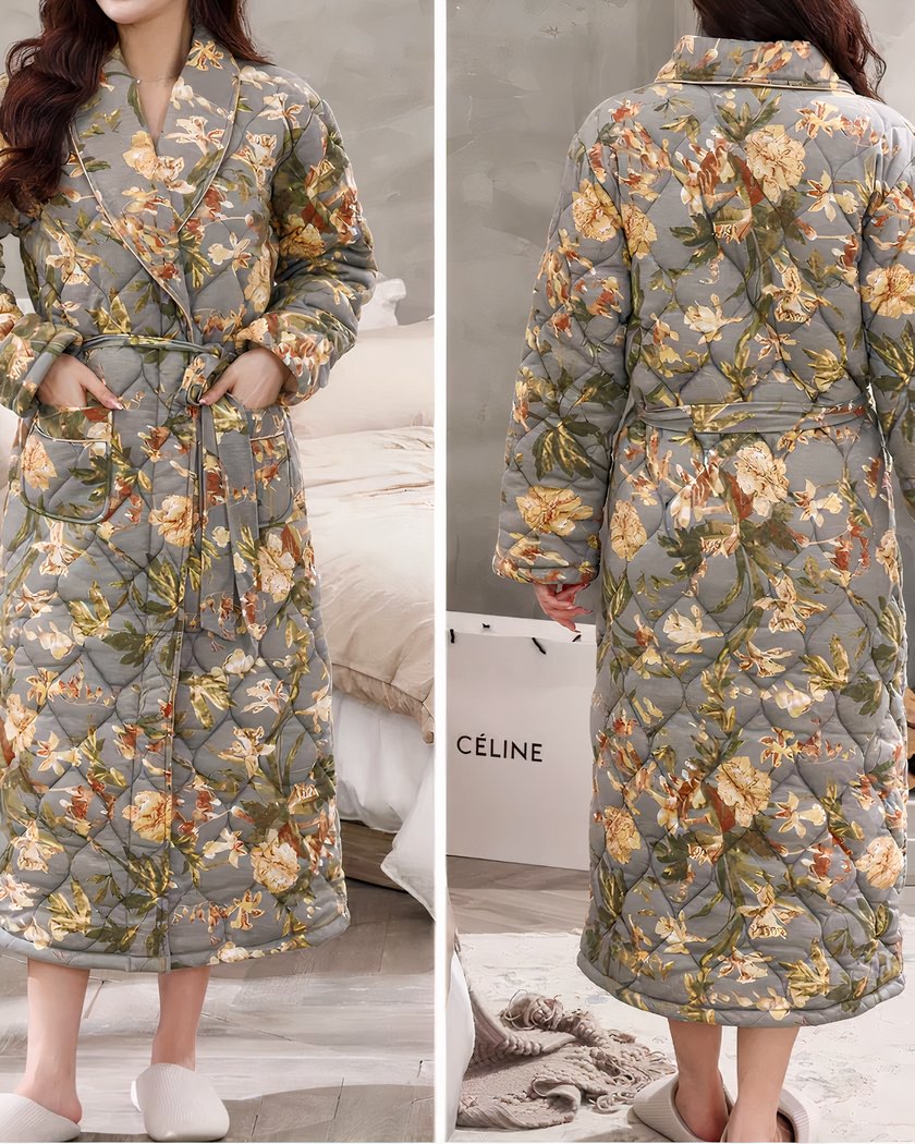 Robe de Chambre Longue Matelassée à Imprimé Floral