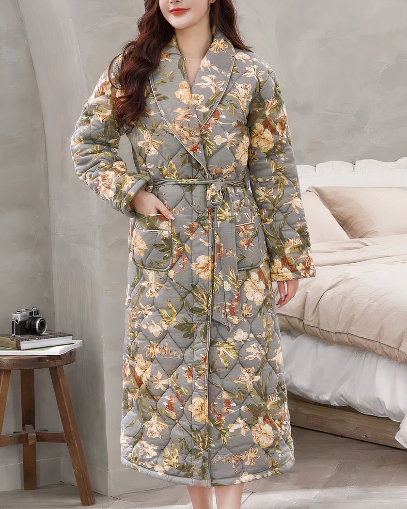 Robe de Chambre Longue Matelassée à Imprimé Floral