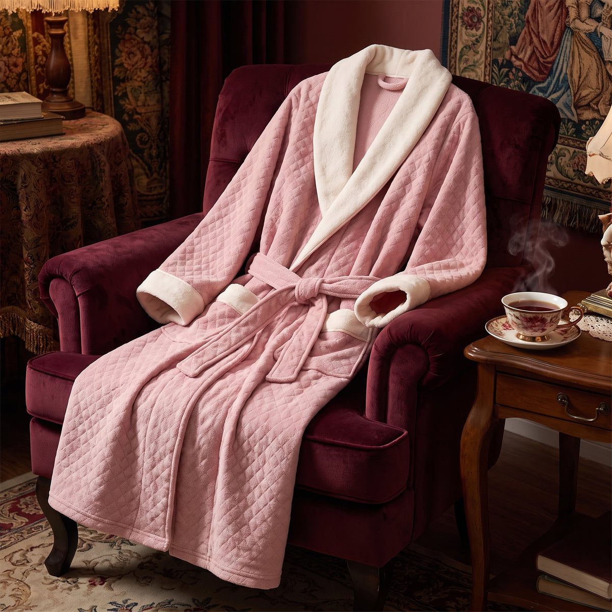 Robe de chambre matelassée rose drapée sur fauteuil, ambiance cosy boudoir, format carré
