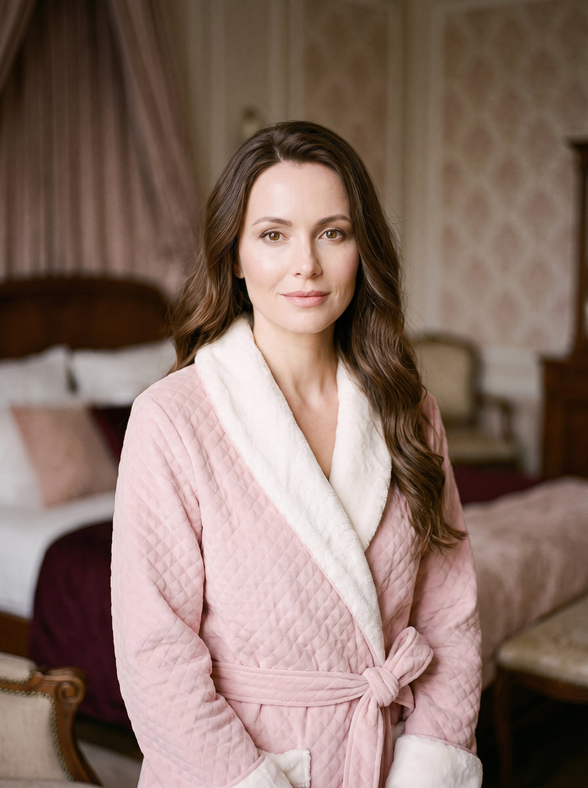 Robe de chambre matelassée rose poudré portée, modèle souriante en intérieur boudoir