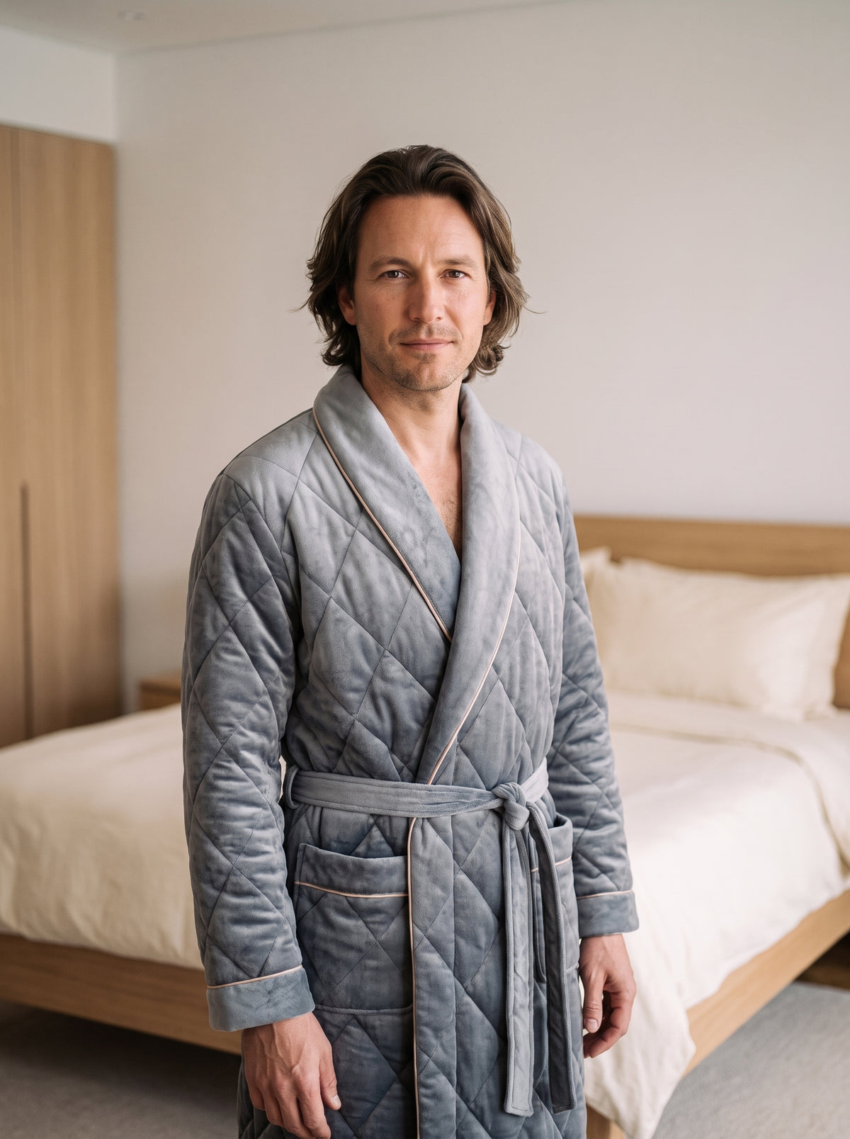 Homme du casting portant la robe de chambre matelassée grise avec ceinture