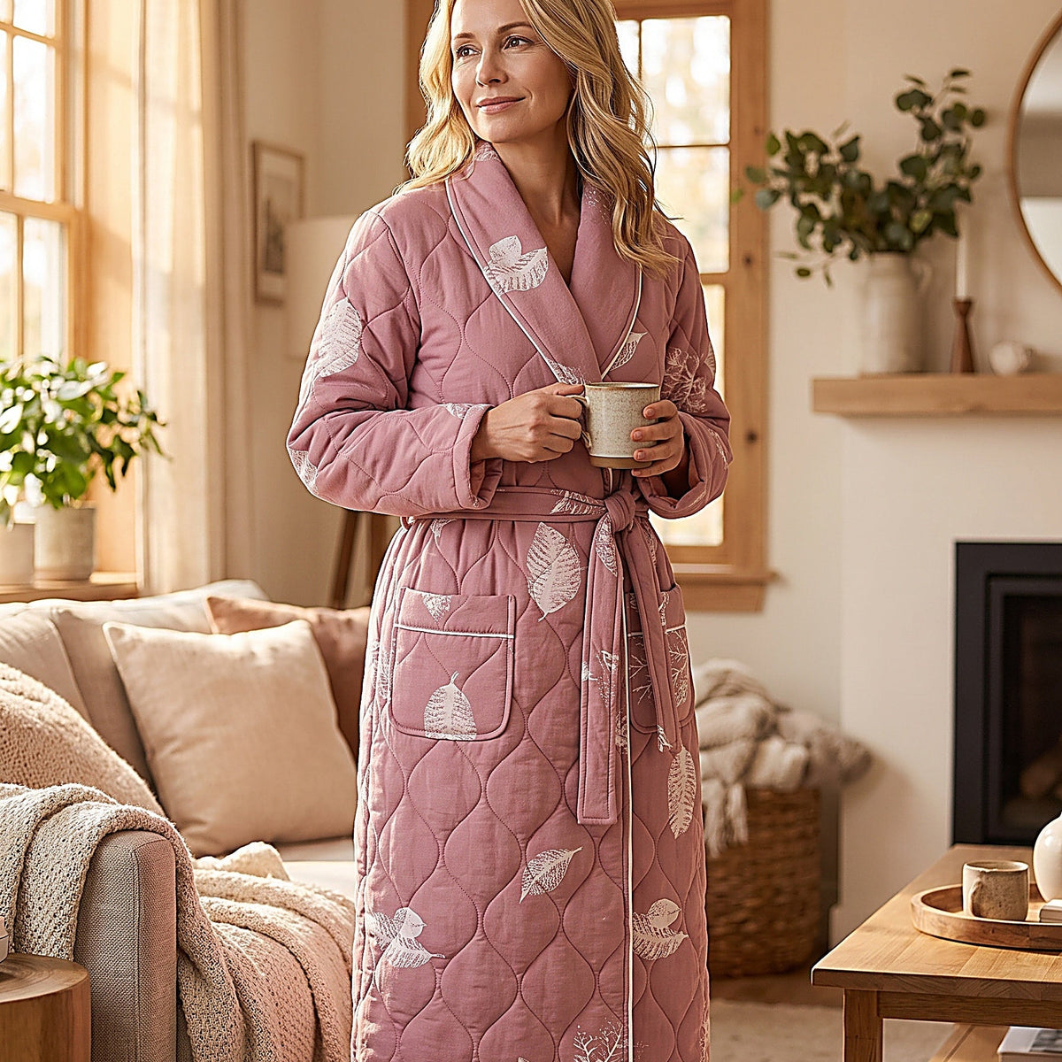 Femme debout en robe de chambre matelassée vieux rose, tasse à la main, poche plaquée à passepoil