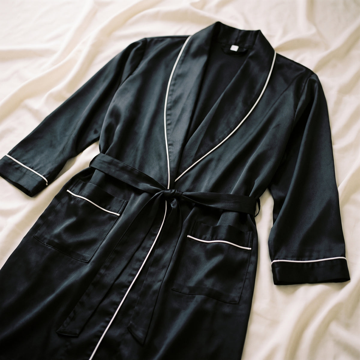 Col, ceinture et deux poches de la robe de chambre homme noire